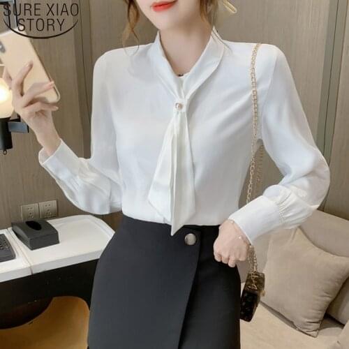 Women Tops Chiffon Blouse Elegant Fashion Office Lady Bow Tie Shirt Autumn Beaded Shirts Women Long Sleeve Blouse Blusas 12195