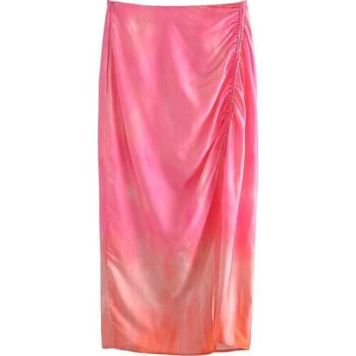 Women Vintage Tie Dye Printing Pleated Design Sarong Skirt Side Split Chic Slim