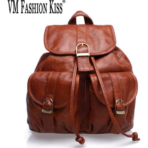 VM FASHION KISS Genuine Leather Backpack Women Drawstring&Hasp Vintage Bagpack Oil Wax Leather School Backpacks Mochila Feminina