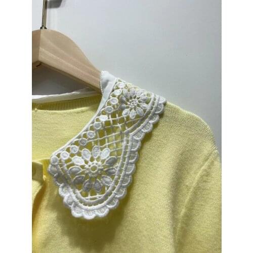 2121Early Autumn Women Knitted Cardigan Hollow Lace Stitching Peter Pan Collar Sweater Ladies Knitwear Coat Top with Buttons