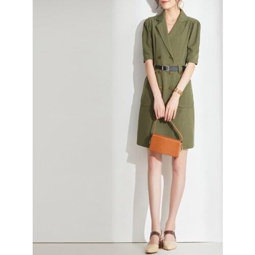 Green color double breasted suit dress women summer long work office sexy party luxury qipao collar dresses plus size