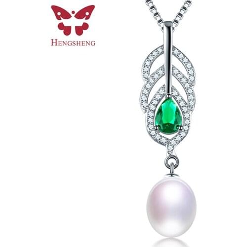 HENGSHENG Fine Jewelry 100% Genuine Natural Freshwater Pearl Necklace 925 Sterling Silver Green Leaf Zircon Pendant For Women