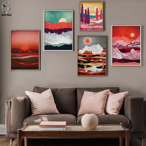 Abstract Red Romance Canvas Painting Geometric Mountain Landscape Wall Art Poster Print Wall Picture for Living Room