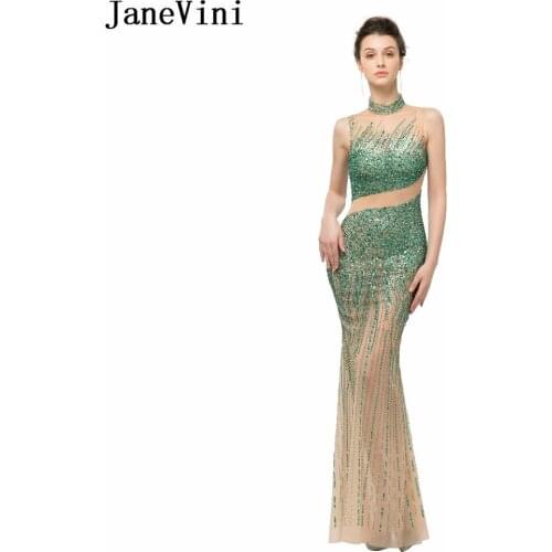 JaneVini Sparkly Green Crystal Mermaid Bridesmaid Dresses High Neck Beaded Long Prom Dress Sexy Sheer Fitted Wedding Party Gowns