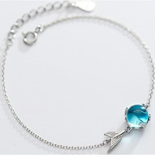 925 Sterling Silver Blue Crystal Mermaid Charm Bracelet For Women Bracelet &Bangle Wedding Jewelry Party Gift