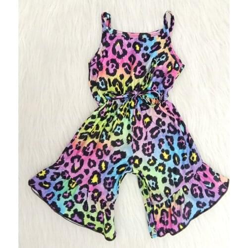 High quality toddler girl sleeveless romper girl colorful leopard jumpsuit with waistband bell pants one piece