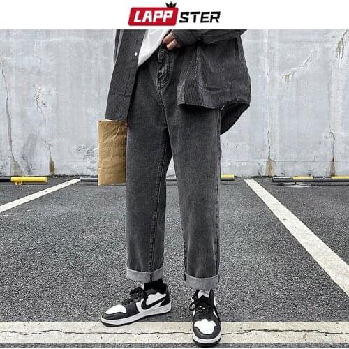 LAPPSTER Men Grey Streetwear Baggy Jeans 2020 Mens Kpop Solid Denim Pants Couple High Waisted Vintage Oversized Joggers Pants