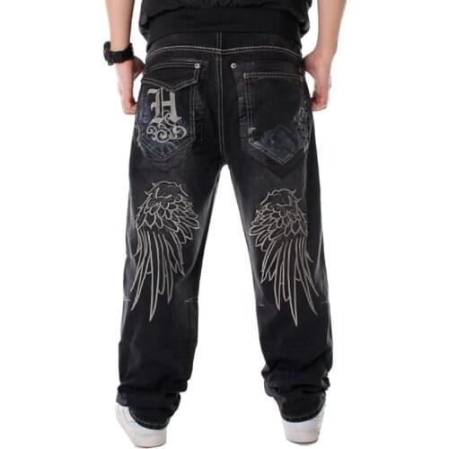 Street Dance Hip Hop Jeans Men Clothing Washed Loose Straight Board Denim Pants Wings Embroidery Printed Jeans Plus Size 30-46