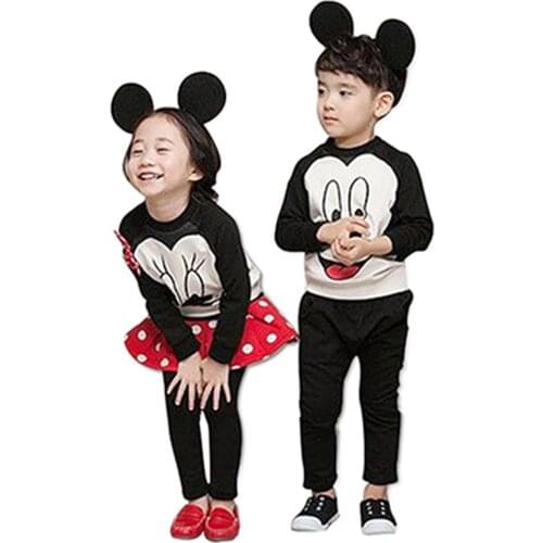 2016 Mickey Minnie clothing girl boy kids spring autumn long sleeve casual hoodies sweatshirt 2pcs sets 3D bow pants or legging