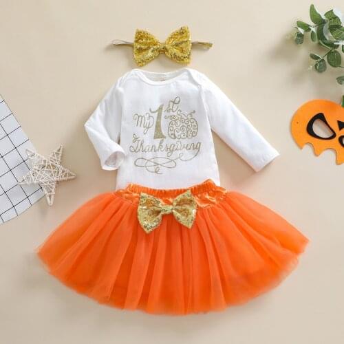 Autumn Thanksgiving Day Infant Baby Girls Clothes Set Letter Print Long Sleeve Romper+Short Tulle Skirt+Headband