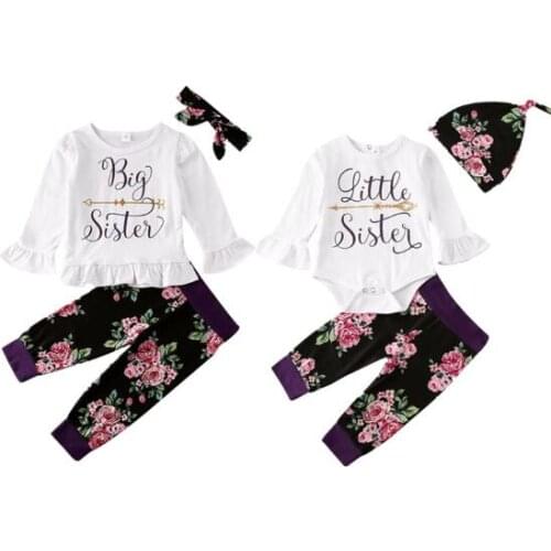 Big/Little Sister Matching Set Baby Girl Long Sleeve Letter Pattern Cotton Tops T-shirt/Romper Floral Print Pants Outfit Clothes