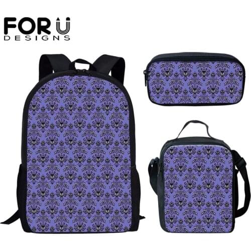 FORUDESIGNS School Bag Set Backpacks for Teenage Boys Girls Purple Haunted Mansion Printing 3pcs Daily Book Bags Mochilas