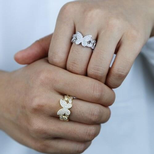 Beautiful proposal ring gold plated iced out link chain mirco pave bling tiny cz high quality butterfly ring girlfriend gift