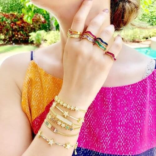 Hot Sale Lover Gift Rainbow Cz Bling Bar Star Bracelet Adjust Link Chain Fashion Party Jewelry for Women Lady Causal Styles gift