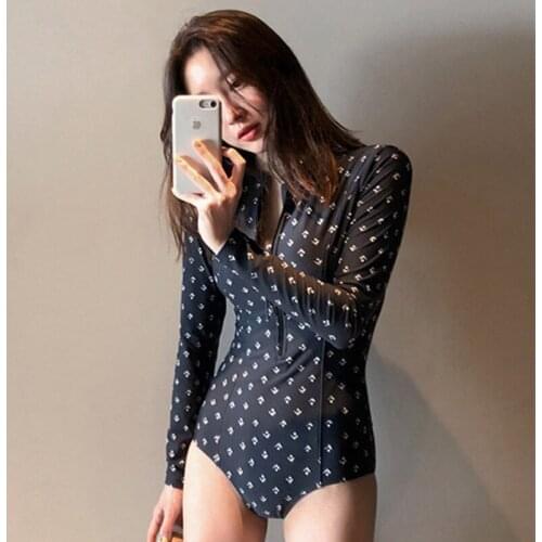 Fashion Stitching Womens Sexy Small Chest Long-sleeved See-through Jumpsuit for Womens Solid Color Back Zipper One-piece Suit