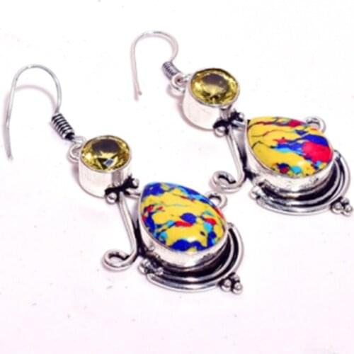 Mosaic Jasper + Citrine Silver Overlay on Copper Earrings , 55 mm , E4676