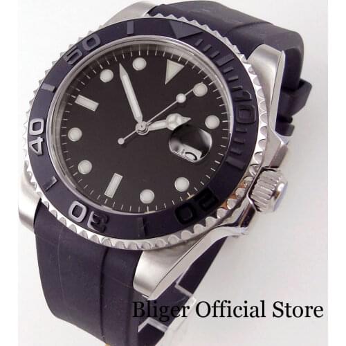 BLIGER Watch Men NH35A Movement Automatic Wristwatch Black Brushed YM Insert Curved End Rubber Strap