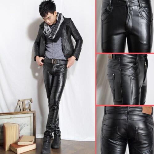 Mens Slim Fit Trousers Casual Motorcycle Long Pants Biker Faux Leather
