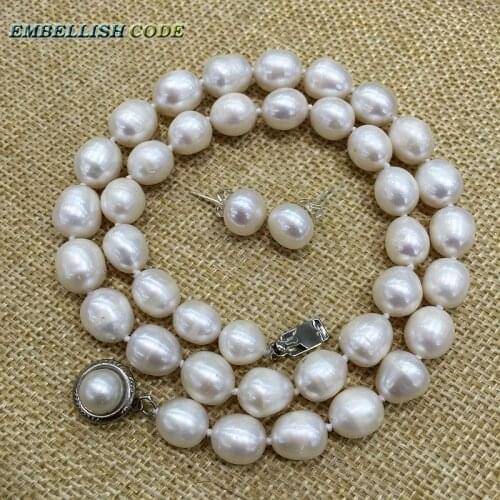 Low price 9-10mm white pearl necklace stud earring set real natural Cultured Freshwater pearl teardrop shape Classic for women