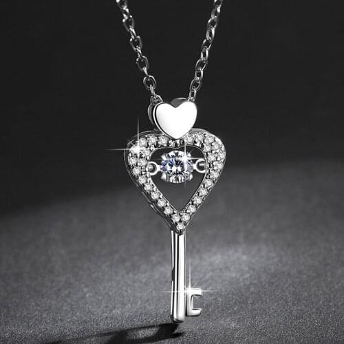 Lovely Heart Shiny Zirconia key Shaped Pendant Necklaces Gold Silver Color Chain Choker Fashion Jewelry Gifts For Women Girls