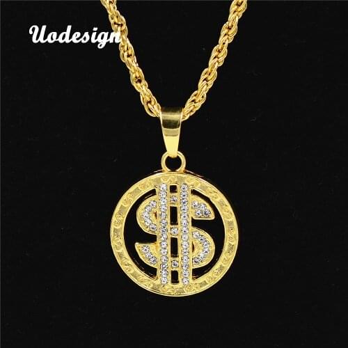 Uodesign US Dollar Money Necklace & Pendant Alloy Gold Color Chain For Women/Men Rhinestone Hip Hop Bling Jewelry