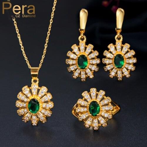 Pera Lovely Flower Green CZ Dubai Gold Color Pendant Necklace Earrings Ring Luxury Set for Women Cocktail Party Jewelry J133