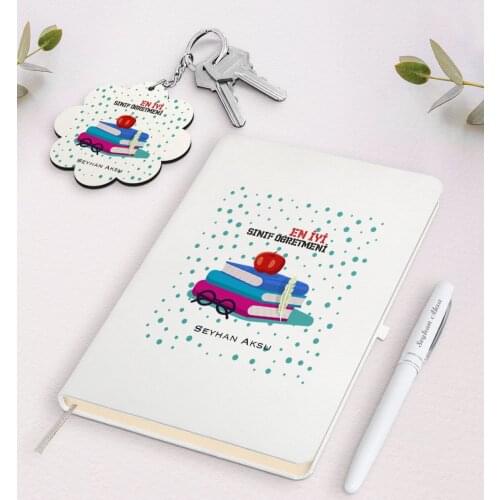 Personalized Best Grade Teacher White Notebook Pen And Keychain Gift Seti-13