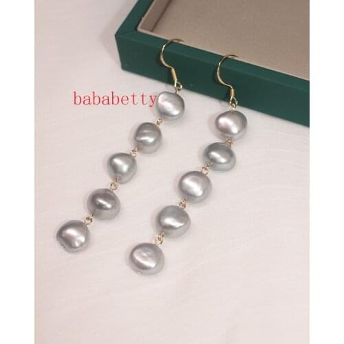 Simple elegant baroque white irregular natural freshwater pearl 8-9MM Tibetan silver earrings LONG 7CM