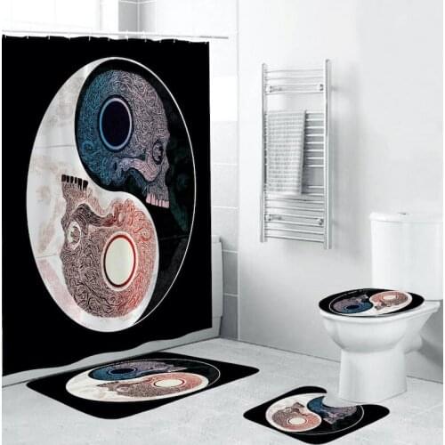 Yin and Yang Print 4 Piece Waterproof Bathroom Set with Hook Non Slip Rugs Carpet Bath Curtain Set Polyester Rug Mats Set Custom