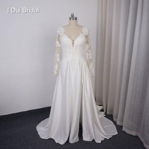 Long Sleeve Wedding Dress Satin with Split Illusion Lace Appliqued Pearl Beaded Bridal Gown