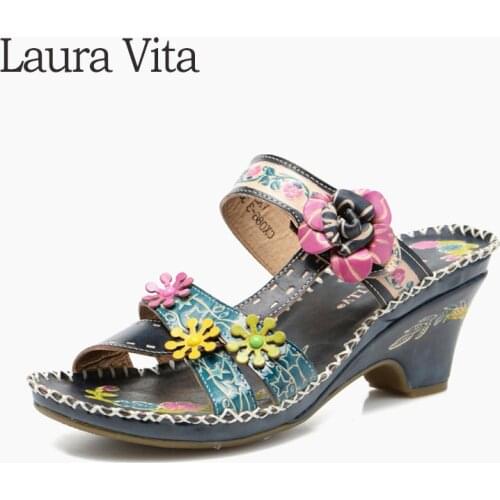 Laura Vita Retro Genuine Leather Adjustable Sandals Comfortable Casual Mid Heels Women Shoes Handmade Mark Line Ladies Shoes
