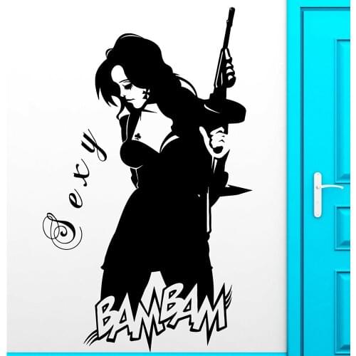 Cool Woman Wall Sticker Sexy Girl Window Vinyl Decal Decor Super Teen With Gun Cool Decor Home Bedroom Decor Art Mural M107