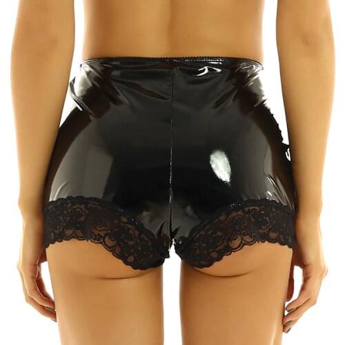 Women Lace Edge Patchwork Skinny Mini Leather Shorts Elastic Waist Sexy Dancing Clubwear PVC Shorts Plus Size S-7XL