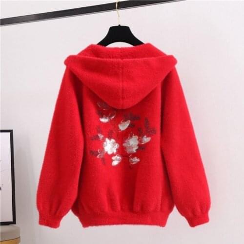 Women 2020 Autumn Winter Mink Fur Sweater Coat New Female Loose Velvet Long-sleeved Cardigan Hooded Faux Fur Knit Coat A173