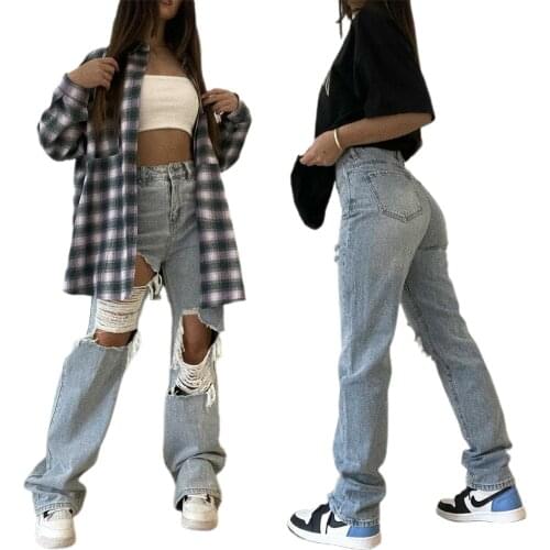 Female Ripped Jeans, High Waist Hollow Out Trousers Straight-Leg Pants for Spring Summer Fall, Light Blue, XS/S/M/L