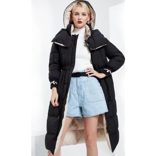 Womens Longer Warm Duck Down Coat Fashion Hit Color Hooded Down Jacket Female Oversized Thicker Warm Coat F2416 Free shipping