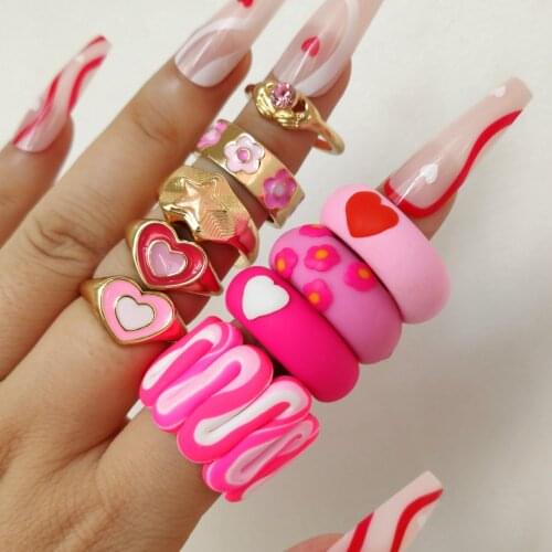 Pink Clay Twisted Stripe Flower Chunky Ring Geometric Love Heart Yin Yang Finger Rings For Women 2021 New Friends Jewlery Gifts