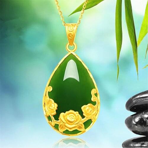 Vintage Fashion Rose Flower Green Jade crystal Emerald Gemstones Pendant Necklaces for Women Gold Color Jewelry Chain Gifts New