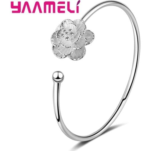 100% Pure 925 Sterling Silver Flower Charm Open Cuff Bangle Bracelet For Women Wedding Engagement Bridesmaid Gift