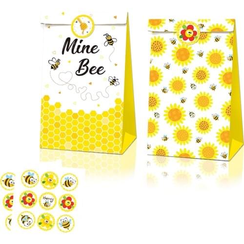 12pcs/lot Spring Honey Bee Sunflowers Theme Party Paper Bags Candy Box Biscuit Gift Bags Baby Shower Birthday Favor Supplies