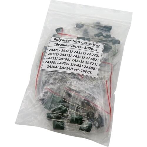 180PCS=18value*10PCS Polyester film capacitor Assorted Kit contains 2A104J 2A332J 2A472J 2A103J 2A333J 2A473J 2A563J 2A223J