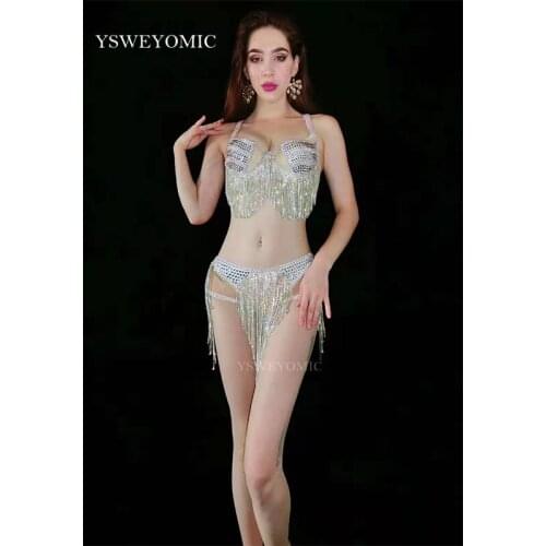 2019 Silver Sparkly Rhinestone Crystals Sexy Bikini Bra Tassel Short Costume Outfit Wear Bar Birthday Party Head Piece Clubwear