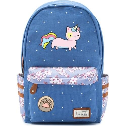 2021 Fat Cat Canvas Bag Unicorn Flower Wave Point Rucksacks Backpack For Teenagers Girls Women School Travel Shoulder Bag