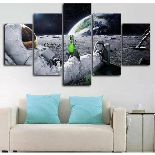Astronaut Beer on the Moon Poster Canvas Print Wall Art Decor 5 Piece HD Print Pictures Home Decor Paintings 5 panel No Framed