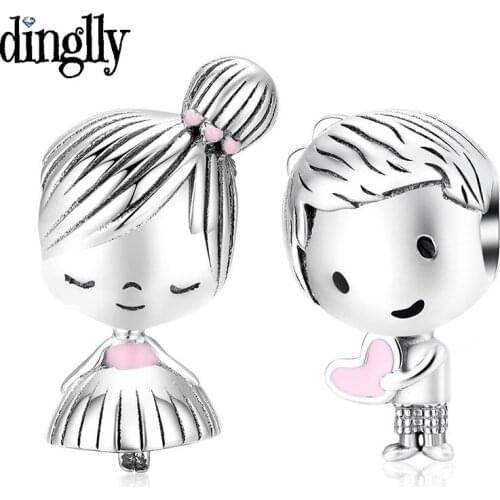 Dinglly Pink Boys Girls Beads Silver Color Charm For Diy Bracelets Exquisite Fashion New Love Couple Jewelry Accessories Beaded