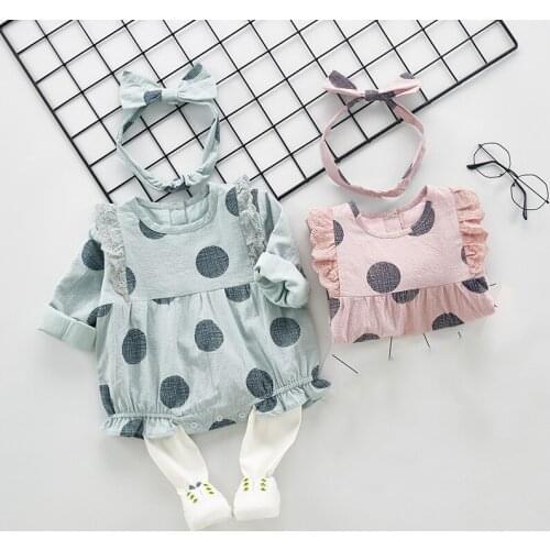 Newborn Baby Girls Long Sleeve Romper Polka Dot printed Ruffles Clothes Outfit cute Costume Headband set 2pcs