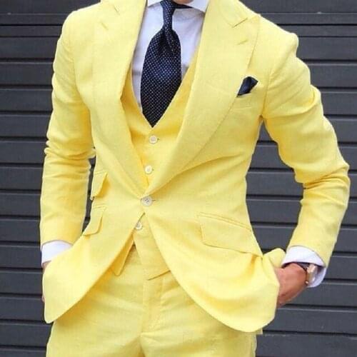 Yellow Slim Fit Prom Suits for Men 3 Piece Set Jacket with Pants Vest Latest Coat Casual Design Male Fashion Smoking Clothes