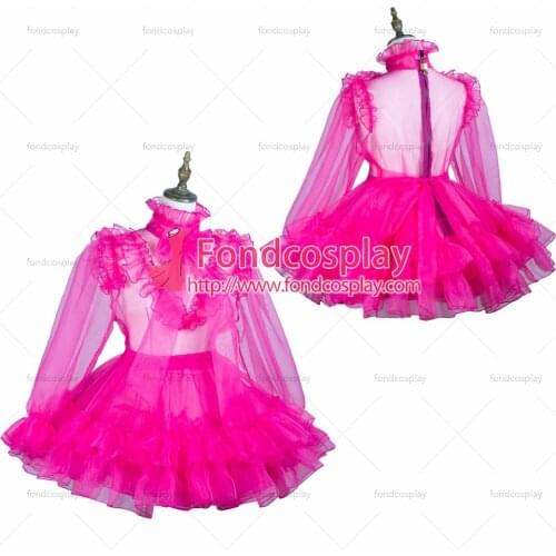 Sissy maid hot pink organza dress lockable Uniform costume Tailor-made[G3732]