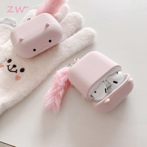 Cute cartoon pink pig furry tail case for airpods 1 2 pro charging box soft silicone wireless bluetooth headset protective cover
