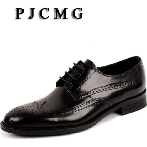 PJCMG Fashion Solid Black/Red Genuine Leather Oxfords Business Mens Lace-Up Pointed Toe Dress Wedding Rubber Office Shoes
